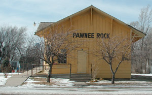 Santa Fe Railroad depot on Pawnee Rock's main street. Photo by Leon Unruh.
