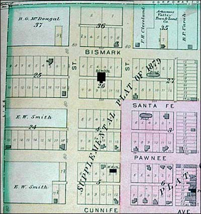 Northwest corner of Pawnee Rock, in the 1902 plat of the city. The DAR marker originally was in Block 25, very close to where the Santa Fe Trail ran after it passed the Rock and headed toward what is now Larned.