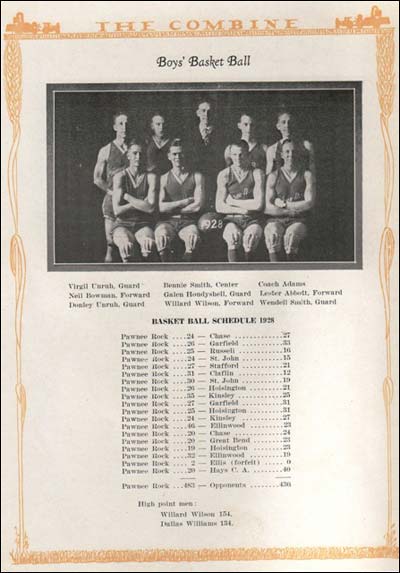 Pawnee Rock High School basketball team, 1928. Barb Schmidt sent this photo.