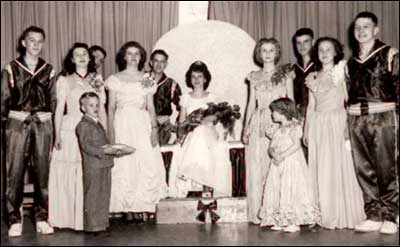 The Pawnee Rock High School homecoming queen and her court in 1950 (left to right): Charlie Aldrich, Merrilee Keely, Ralph Fry, Patty McCurdy, Lawrence Bright, Vivian Welch, Carol Stansbury, Lynn Welch, Frances Schultz, and Johnny Woelk.