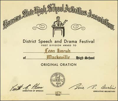 Leon Unruh's first-division certificate for original oration, 1974. Photo copyright 2010 by Leon Unruh.