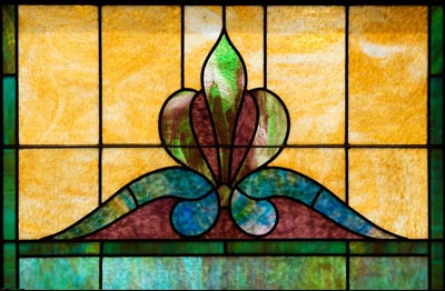 Stained-glass window in the Bergthal Mennonite Church. Photo copyright 2013 by Dave Leiker.