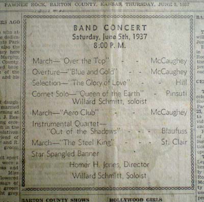 Concert program for the Pawnee Rock city band performance of June 5, 1937. First published in the Pawnee Rock Herald, May 1937. Photo copyright 2009 by Leon Unruh.