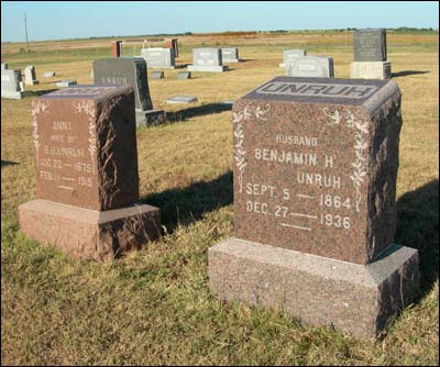 Grave markers of Benjamin H. Unruh and Anna Unruh, in the Mennonite Memorial Cemetery north of Pawnee Rock. Photo copyright 2010 by Leon Unruh.