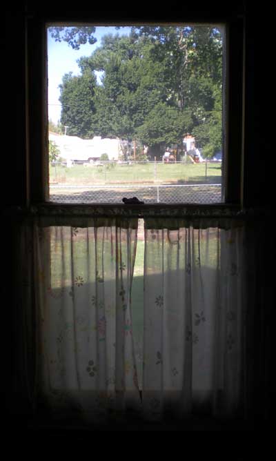 A curtained window in the Pawnee Rock city hall, an old Methodist church. Photo copyright 2010 by Leon Unruh.