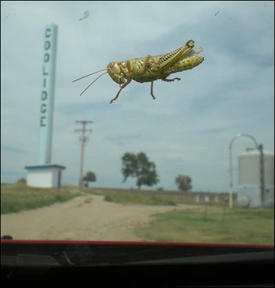 My through-the-windshield postcard from Coolidge, Kansas. Photo copyright 2010 by Leon Unruh.