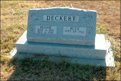 Bennie and Ruth Deckert's grave marker, Mennonite Memorial Cemetery north of Pawnee Rock. Photo copyright 2008 by Leon Unruh.