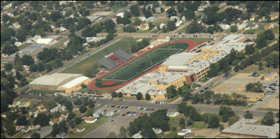 Great Bend High School, looking northwest from the plane. Photo copyright 2010 by Jim Dye.