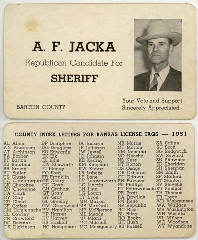 Alfred Jacka's campaign card for sheriff, 1951.