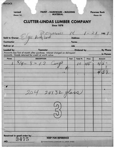 Clutter Lindas lumberyard receipt, Pawnee Rock, 1957, from Elgie Unruh. Photo copyright 2010 by Leon Unruh.