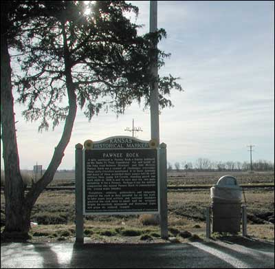 Cedar at Pawnee Rock historical marker pullout, January 2005. Photo copyright 2010 by Leon Unruh.