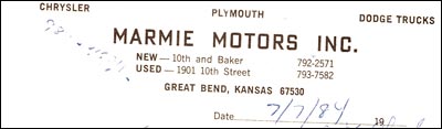 Receipt from Marmie Motors in Great Bend. Photo copyright 2009 by Leon Unruh.