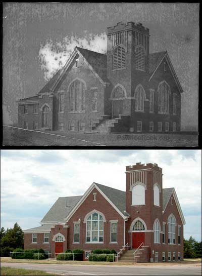 Bergthal Mennonite Church, Pawnee Rock, about 1915 and 2006. Bottom photo copyright 2006 by Leon Unruh.