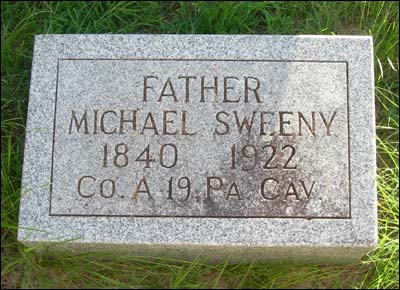 Michael Sweeny's gravestone in the Pawnee Rock Cemetery. Photo copyright 2009 by Leon Unruh.