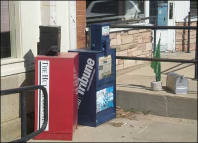 Newspaper boxes, Pawnee Rock. Photo copyright 2010 by Leon Unruh.