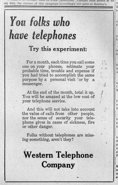 Advertisement in the Pawnee Rock Herald for local phone service, March 22, 1928.