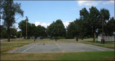 The Pawnee Rock tennis court has become a volleyball court and also a skateboard area. Photo copyright 2010 by Leon Unruh.