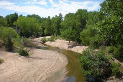 Arkansas River at the Radium Bridge, August 2010. Photo copyright 2010 by Leon Unruh.