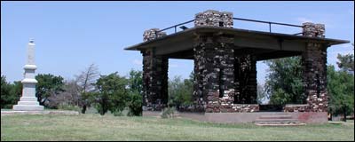 Pawnee Rock State Park's pavilion and monument. Photo copyright 2005 by Leon Unruh.