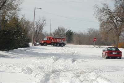 Drifts make travel hazardous at Houck and Flora in Pawnee Rock. Photo copyright 2009 by Jim Dye.