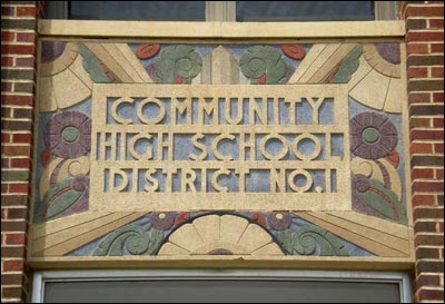 Sign on the former Stanton County high school, Johnson City, Kansas. Photo copyright 2011 by Leon Unruh.