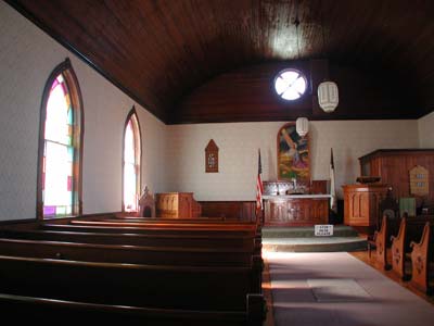 Sanctuary of St. Paul Lutheran Church at the Barton County Historical Society Museum in Great Bend. Photo copyright 2003 by Leon Unruh.