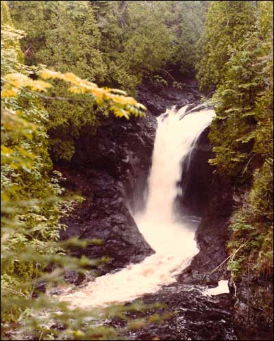 Waterfall along North Shore, Minnesota. Photo copyright 1978 by Leon Unruh.